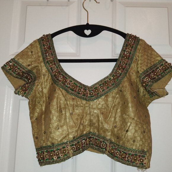 Gold saree/lehenga blouse crop top with hand embroidery and sequins - Picture 5 of 8
